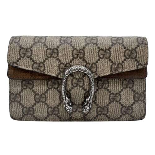 587 - A Gucci Dionysus Chain Wallet. Beige monogram canvas with antique silver tone clasp. Long shoulder c... 