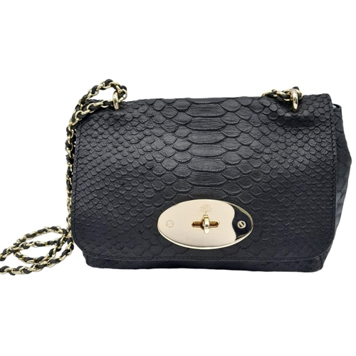 467 - A Mulberry Black Cecily Shoulder Bag. Snakeskin exterior with gold-toned hardware, chain and leather... 