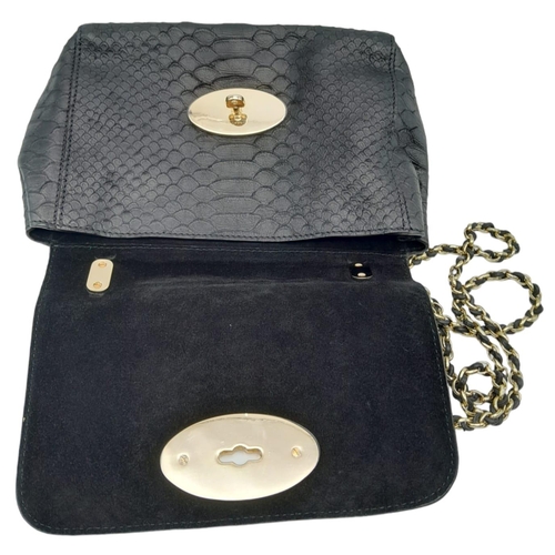 467 - A Mulberry Black Cecily Shoulder Bag. Snakeskin exterior with gold-toned hardware, chain and leather... 