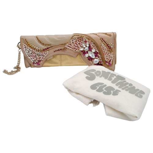 1316 - An Outlandish Large Decorative Multi-Coloured Stone Clutch Bag. Three tone leather exterior. With du... 