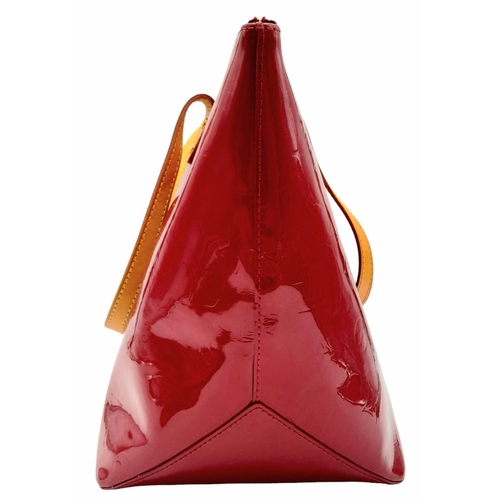 747 - A Louis Vuitton Pomme D'Amour Monogram Vernis Bellevue PM Bag. Red patent leather exterior. Red text... 