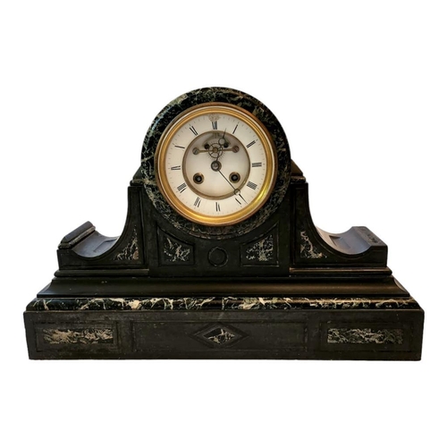 443 - A Victorian Slate Mantel Clock with Eight Day French Bell Strike Movement and Visual Escapement. Bou... 