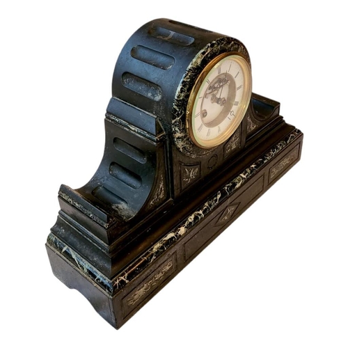 443 - A Victorian Slate Mantel Clock with Eight Day French Bell Strike Movement and Visual Escapement. Bou... 