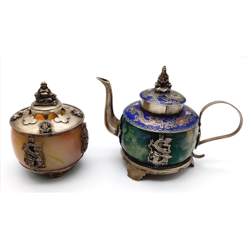 375 - Two Superb Antique Chinese Miniature Teapots (circa 1900) - both on silver mounts hallmarked to base... 