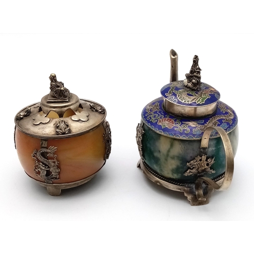 375 - Two Superb Antique Chinese Miniature Teapots (circa 1900) - both on silver mounts hallmarked to base... 