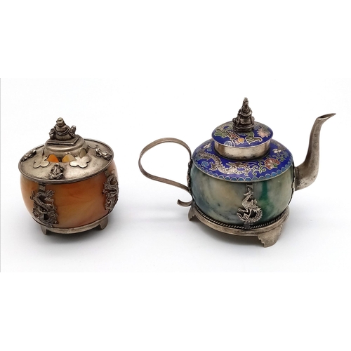 375 - Two Superb Antique Chinese Miniature Teapots (circa 1900) - both on silver mounts hallmarked to base... 