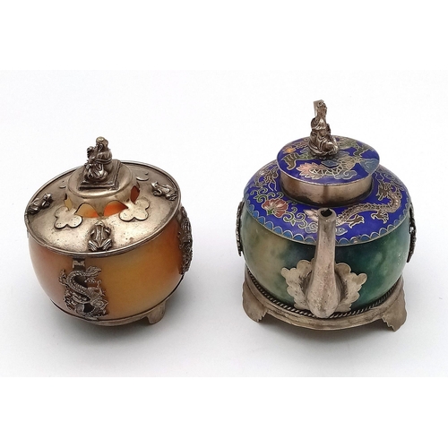 375 - Two Superb Antique Chinese Miniature Teapots (circa 1900) - both on silver mounts hallmarked to base... 