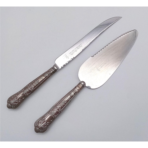 645 - A Vintage Silver Handled Cake Server with Hallmarked Handle - Comes with an Additional Cake Knife, a... 