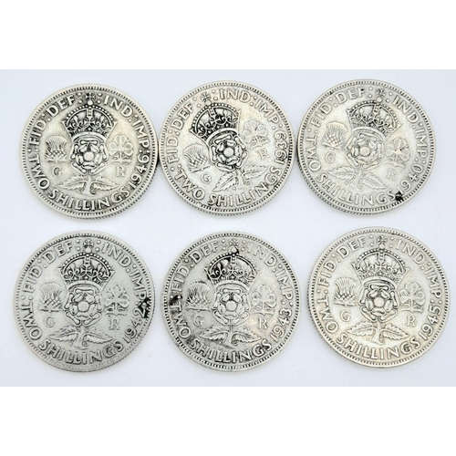 746 - A SELECTION OF 6 X 2 SHILLING COINS ALL PRE 1947, HAVE MINIMUM OF 50% SILVER CONTENT DATES ARE 1939,... 