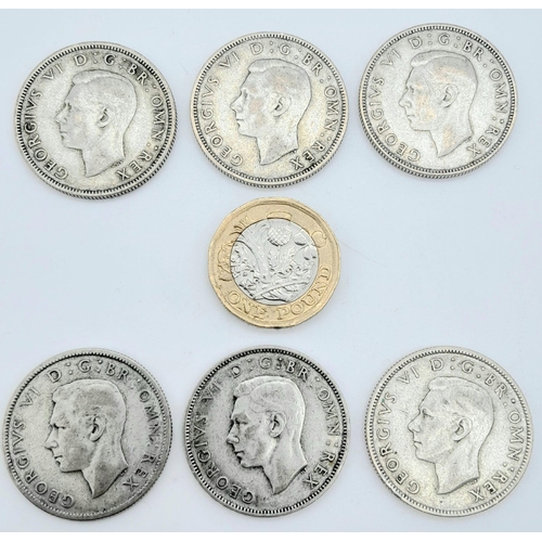 746 - A SELECTION OF 6 X 2 SHILLING COINS ALL PRE 1947, HAVE MINIMUM OF 50% SILVER CONTENT DATES ARE 1939,... 