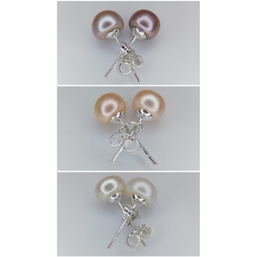 874 - Three Pairs of Pastel Coloured Freshwater Akoya Pearl Stud Earrings.