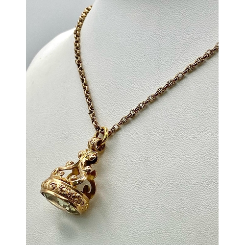 88 - An Antique 9K Gold Fob Seal Citrine Gemstone Pendant on a 9K Gold Chain. Pendant - 3cm. Chain - 46cm... 