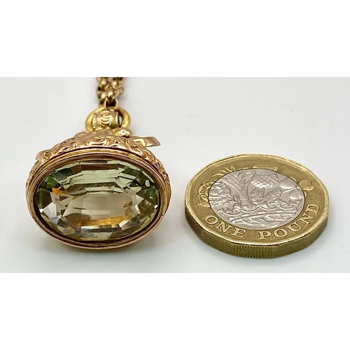 88 - An Antique 9K Gold Fob Seal Citrine Gemstone Pendant on a 9K Gold Chain. Pendant - 3cm. Chain - 46cm... 