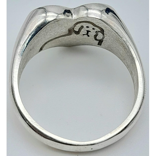 990 - A STERLING SILVER HEART SHAPED SIGNET RING ENGRAVED WITH MY DOG AND ON THE INSIDE OF THE RING IS THE... 