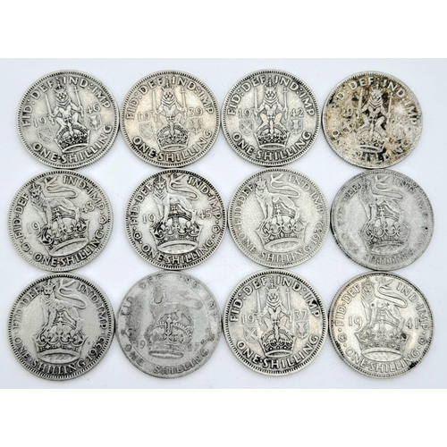 544 - SELECTION OF 12 ONE SHILLING COINS ALL DATED PRE 1947. HAVING MINIMUM OF 50% SILVER CONTENT,  DATES ... 