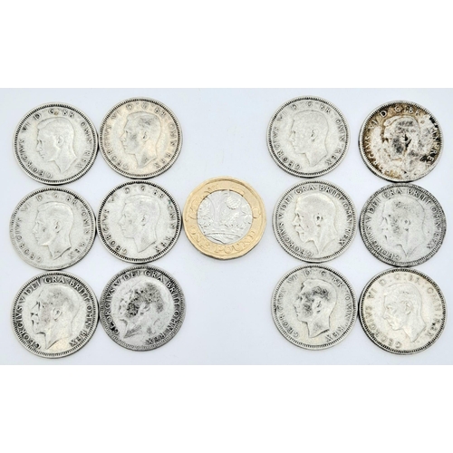 544 - SELECTION OF 12 ONE SHILLING COINS ALL DATED PRE 1947. HAVING MINIMUM OF 50% SILVER CONTENT,  DATES ... 