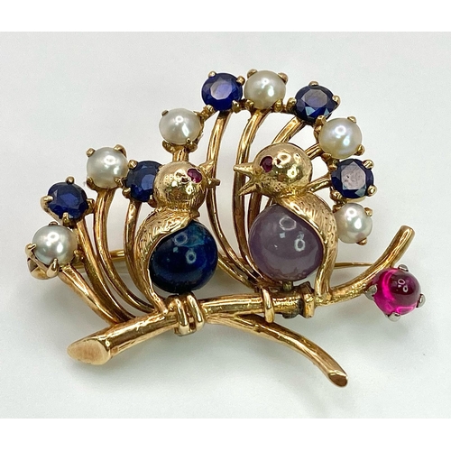 61 - An Antique Victorian High-Karat Gold, Multi Gemstone Love Bird Brooch. Representing faithfulness, th... 