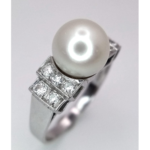 432 - A PLATINUM DIAMOND & PEARL RING - 0.30CT. 5.7G. SIZE N.