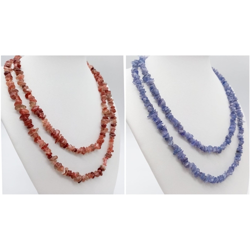 1030 - Two Rough Natural Matinee Length Gemstone Necklaces. Amethyst and tourmaline. 88cm lengths.