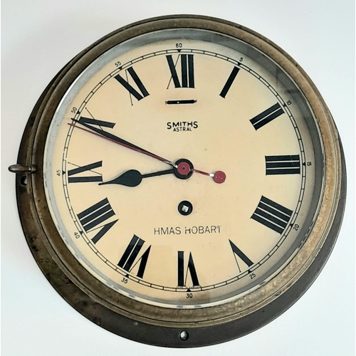 114 - A WW2 Royal Australian Navy Bulkhead Brass Smiths Clock - From the light cruiser HMAS-HOBART. Stampe... 