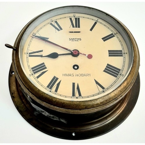 114 - A WW2 Royal Australian Navy Bulkhead Brass Smiths Clock - From the light cruiser HMAS-HOBART. Stampe... 