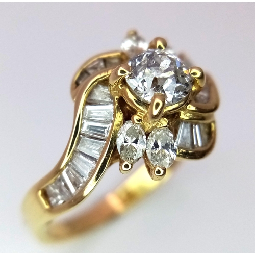 123 - AN 18K YELLOW GOLD FANCY MIX CUT DIAMOND CLUSTER RING. 1.20CT. 4.4G. SIZE O