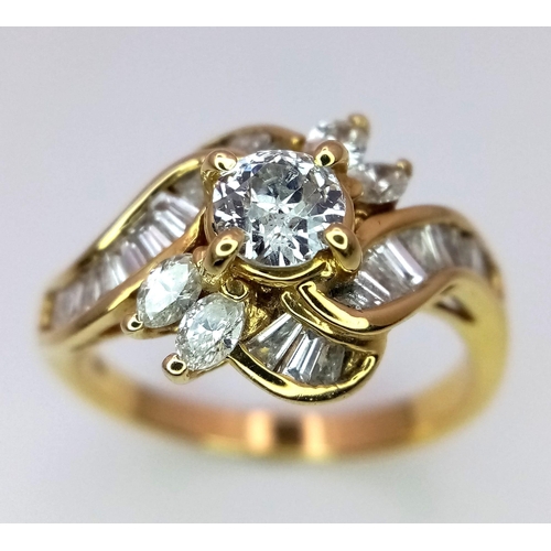 123 - AN 18K YELLOW GOLD FANCY MIX CUT DIAMOND CLUSTER RING. 1.20CT. 4.4G. SIZE O