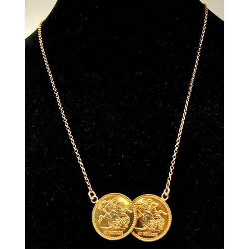 1363 - STERLING SILVER WITH ROSE GOLD VERMEIL DOUBLE COIN NECKLACE.  8.1G