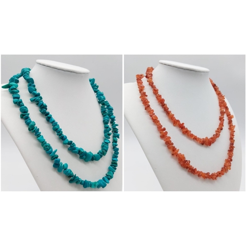 1479 - Two Rough Natural Matinee Length Gemstone Necklaces. Turquoise and carnelian. 82cm length.