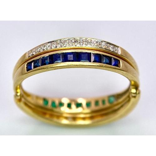 1033 - A very interesting 18 K yellow gold ring with two emerald bars and two rotating diamond bars that ca... 