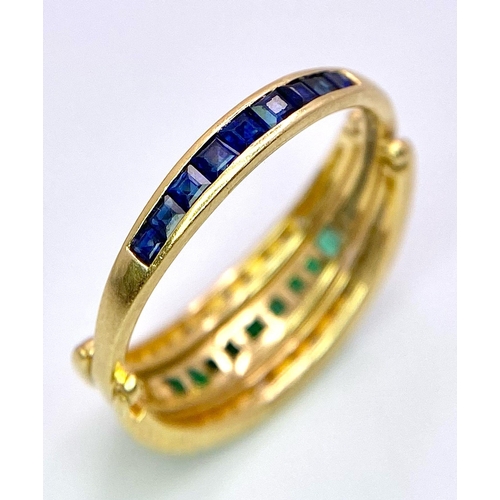 1033 - A very interesting 18 K yellow gold ring with two emerald bars and two rotating diamond bars that ca... 