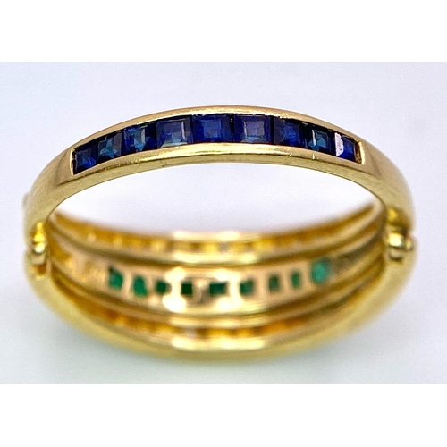 1033 - A very interesting 18 K yellow gold ring with two emerald bars and two rotating diamond bars that ca... 