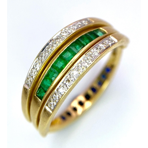 1033 - A very interesting 18 K yellow gold ring with two emerald bars and two rotating diamond bars that ca... 