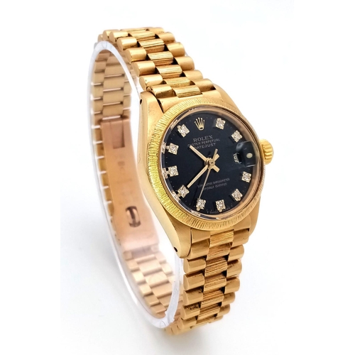 107 - A Rare (Black Dial) Mid 1980s Rolex Oyster Perpetual 18K Solid Gold and Diamond Datejust Ladies Watc... 