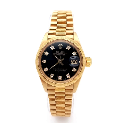 107 - A Rare (Black Dial) Mid 1980s Rolex Oyster Perpetual 18K Solid Gold and Diamond Datejust Ladies Watc... 