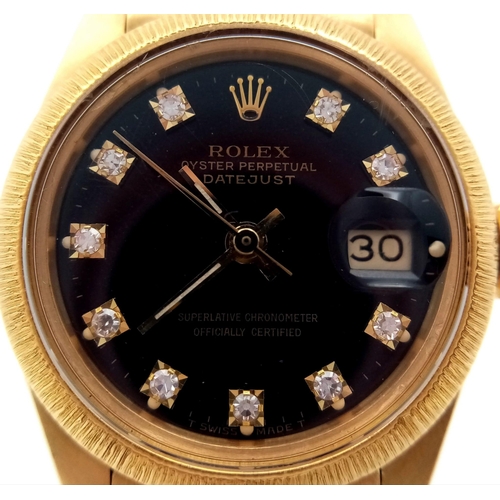 107 - A Rare (Black Dial) Mid 1980s Rolex Oyster Perpetual 18K Solid Gold and Diamond Datejust Ladies Watc... 