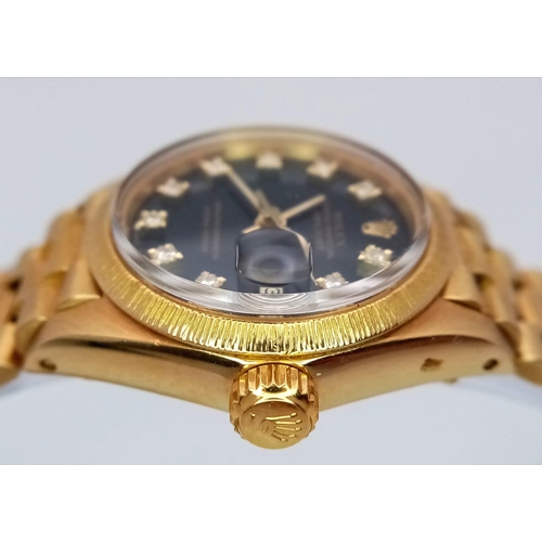 107 - A Rare (Black Dial) Mid 1980s Rolex Oyster Perpetual 18K Solid Gold and Diamond Datejust Ladies Watc... 