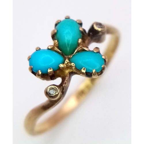 257 - An antique 9 K yellow gold ring with a trilogy of turquoise and two old cut diamonds on the shoulder... 