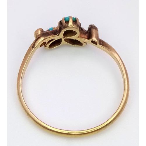 257 - An antique 9 K yellow gold ring with a trilogy of turquoise and two old cut diamonds on the shoulder... 