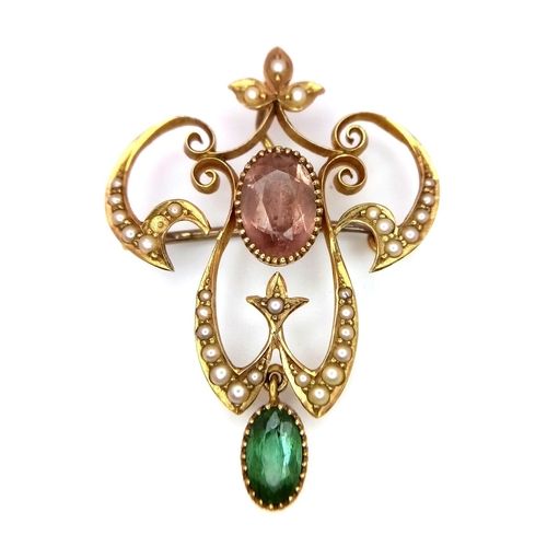 37 - Two Victorian 10 K yellow gold brooches with seed pearls and a variety of stones.  Lengths: 39 mm an... 