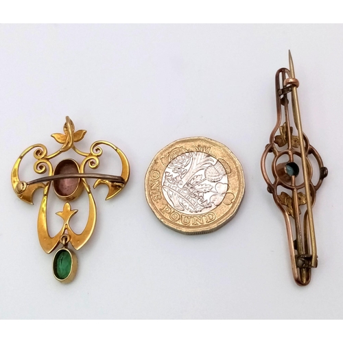 37 - Two Victorian 10 K yellow gold brooches with seed pearls and a variety of stones.  Lengths: 39 mm an... 