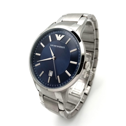 470 - An Emporio Armani Quartz Gents Watch. Stainless steel bracelet and case - 43mm. Blue dial with date ... 