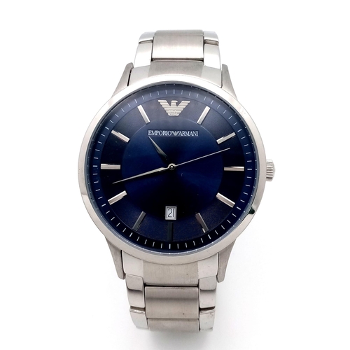 470 - An Emporio Armani Quartz Gents Watch. Stainless steel bracelet and case - 43mm. Blue dial with date ... 