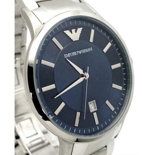 470 - An Emporio Armani Quartz Gents Watch. Stainless steel bracelet and case - 43mm. Blue dial with date ... 