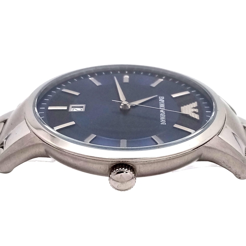 470 - An Emporio Armani Quartz Gents Watch. Stainless steel bracelet and case - 43mm. Blue dial with date ... 