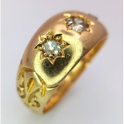 543 - AN 18K YELLOW GOLD ANTIQUE 3 STONE OLD CUT DIAMOND RING. 0.35CT. 5.7G SIZE M HALMARKED CHESTER 1882