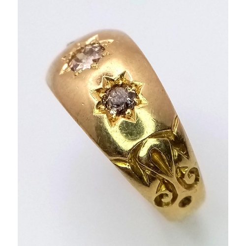 543 - AN 18K YELLOW GOLD ANTIQUE 3 STONE OLD CUT DIAMOND RING. 0.35CT. 5.7G SIZE M HALMARKED CHESTER 1882