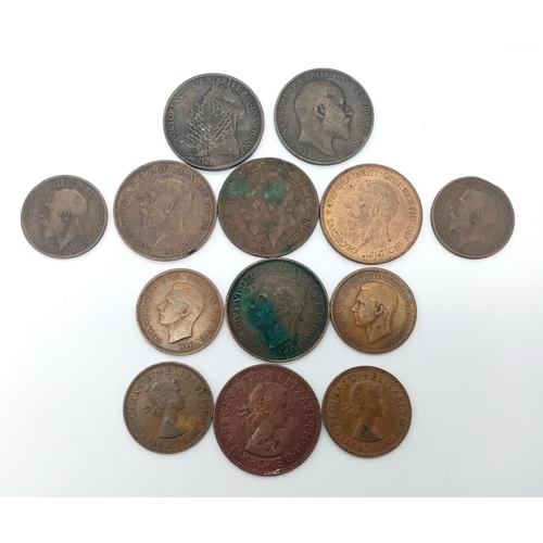 1256 - A selection of 13 old coins 1 penny and 1/2 penny, various dates (oldest 1896).