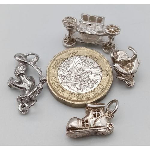 1218 - A Sterling silver selection of 4 charms, including carriage, frog, shoe and mermaid, 9.8g total

ref... 