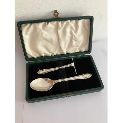 133 - Antique SILVER Baby Feeding Set to include Silver spoon and Silver Pusher. Hallmark for Sheffield 19... 